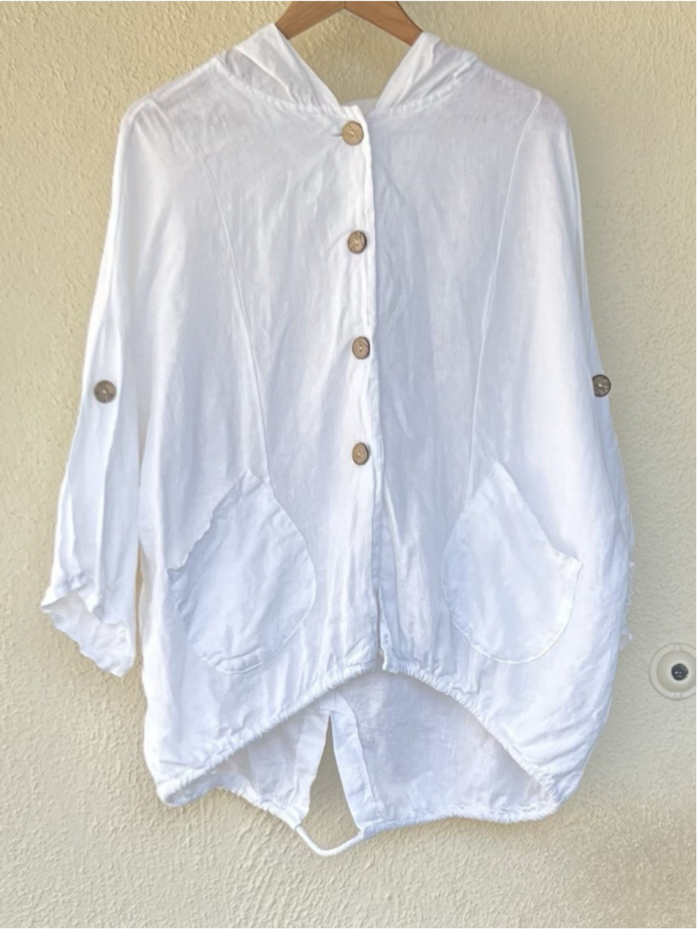 White Linen Hooded Button Up Jacket Lagenlook Oversized Italy Breathable Flowy